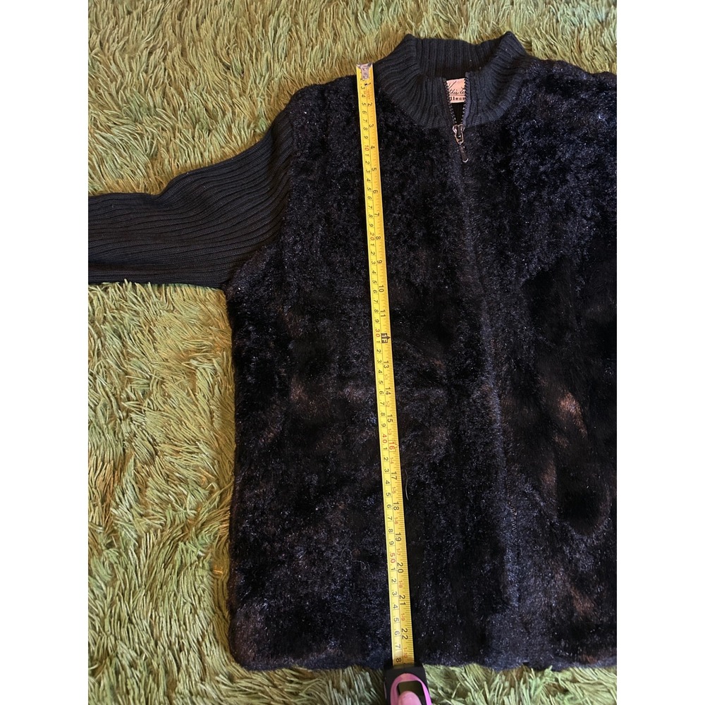 Kathie Lee Cardigan Women Medium Black Faux Fur Front Zip Ribbed Jacket Vintage - Picture 4 of 8